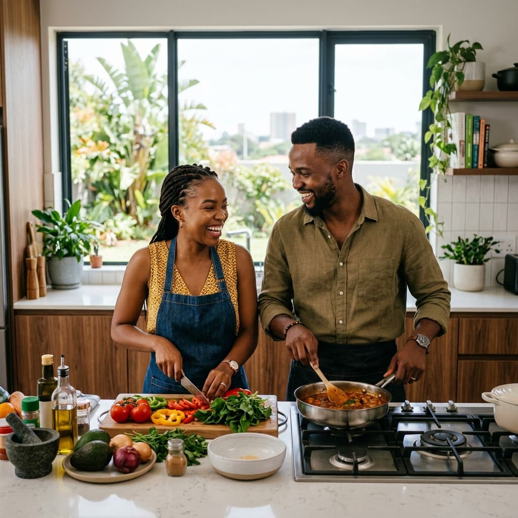 A young African couple cooking together in a modern kitchen
